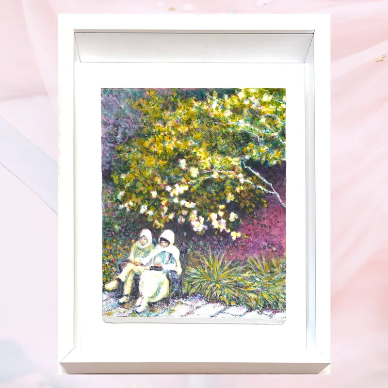 風景画「白いベールの女性たち」油彩画 F3 額付き