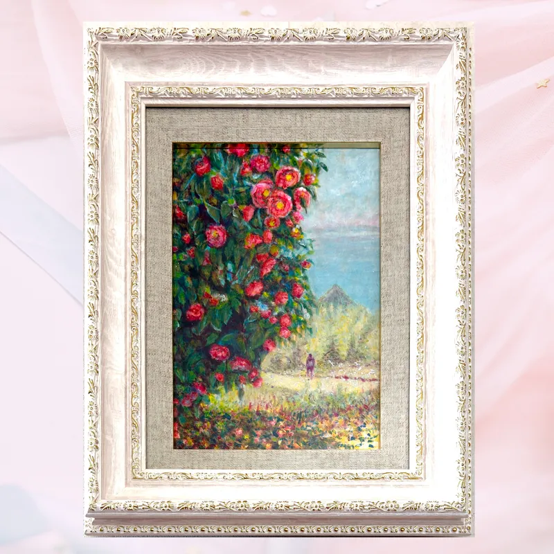 風景画「山に咲く赤椿」油彩画 SM/額付き