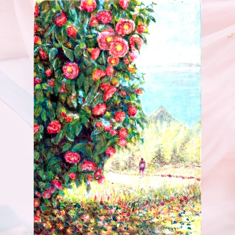 風景画「山に咲く赤椿」油彩画 SM/額付き