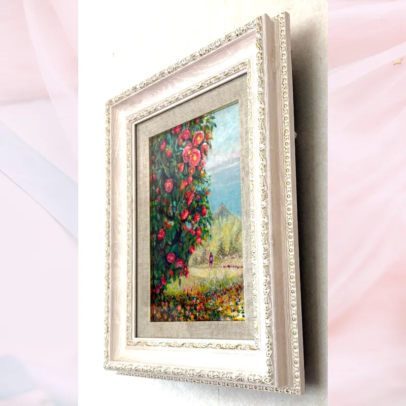 風景画「山に咲く赤椿」油彩画 SM/額付き