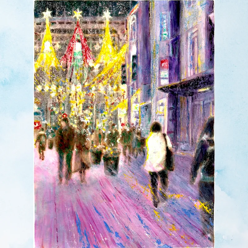 風景画「冬灯りの記憶」油彩画/ F4 額付き