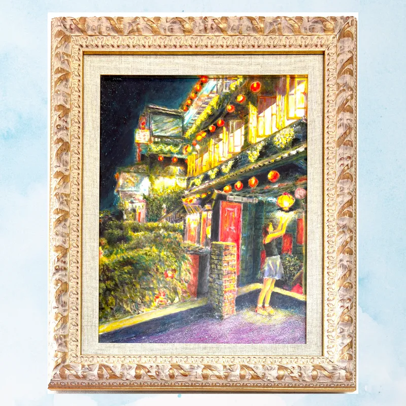 風景画「台湾九份の夜景」油彩画/F6 額付き