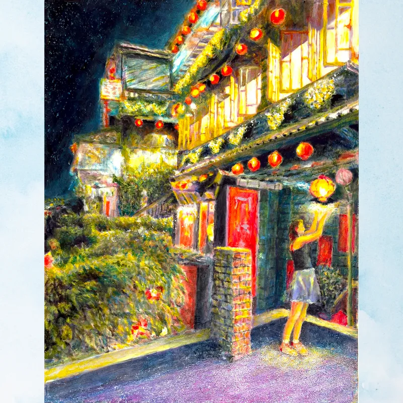 風景画「台湾九份の夜景」油彩画/F6 額付き