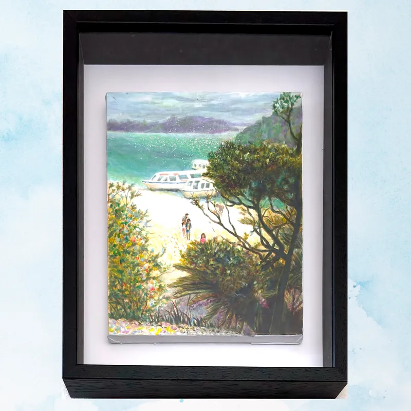 風景画「遠い夏の入江」油彩画 / F3 額付き