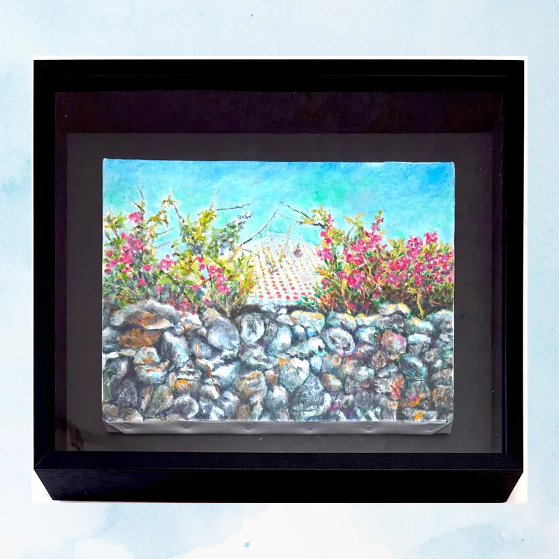 風景画「サンゴの石垣に守られ」油彩画 / F4 額付き