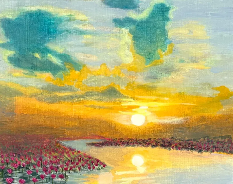 蓮花に映える夕陽