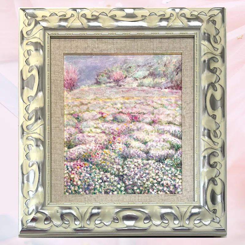 風景画「花霞の向こうに海があった」油彩画 F3 / 額付き