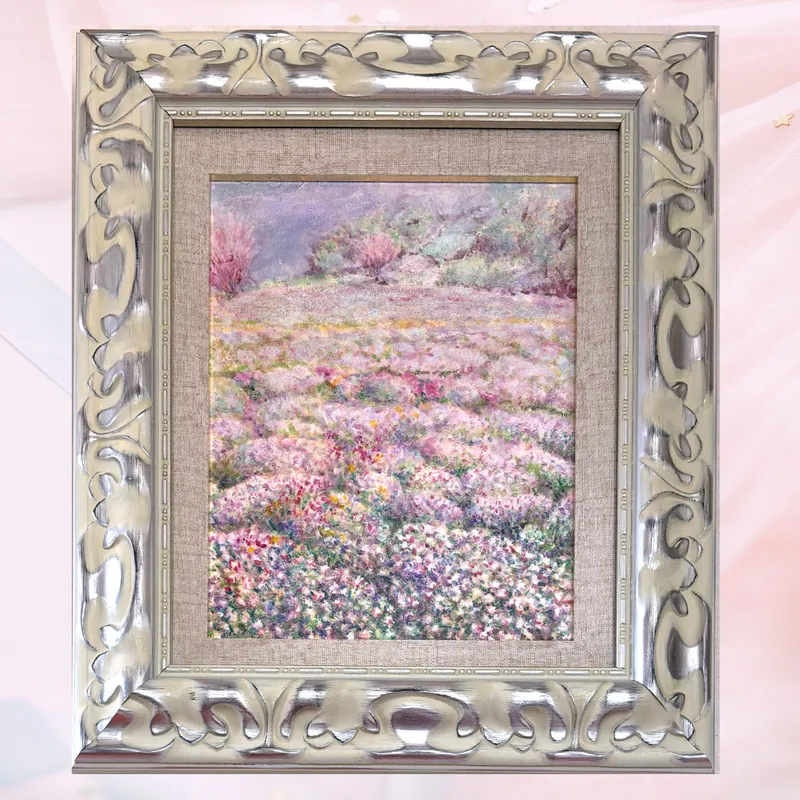 風景画「花霞の向こうに海があった」油彩画 F3 / 額付き