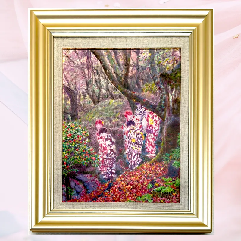 風景画「紅葉の京散歩」油彩画F6 額付き （アクリル面）