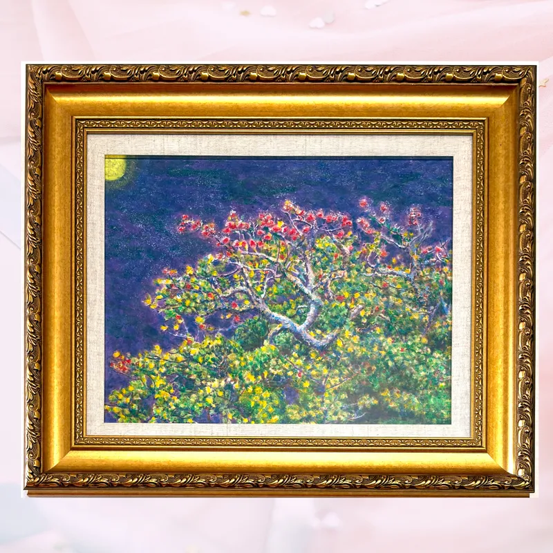 風景画「デイゴの紅い花」油彩画 F6/額付き