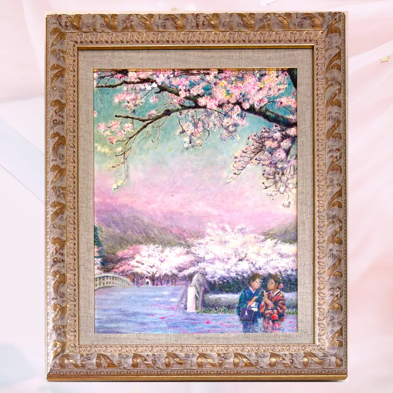 風景画「桜の京散歩」油彩画 F6 額付き