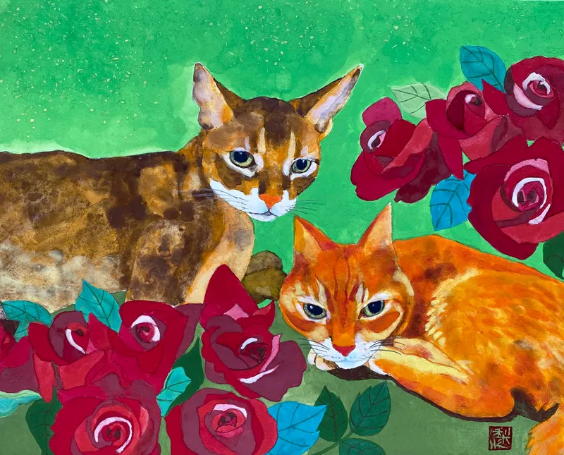 猫と赤い薔薇