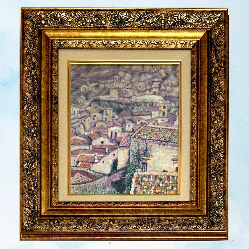 風景画「洞窟住居の街」油彩画 F3/額付き