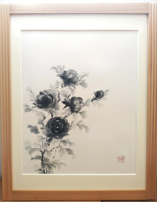薔薇図（水墨画）